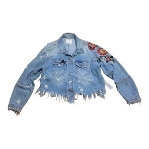 Zara Blue Distressed Denim Jacket with Floral Embroidery